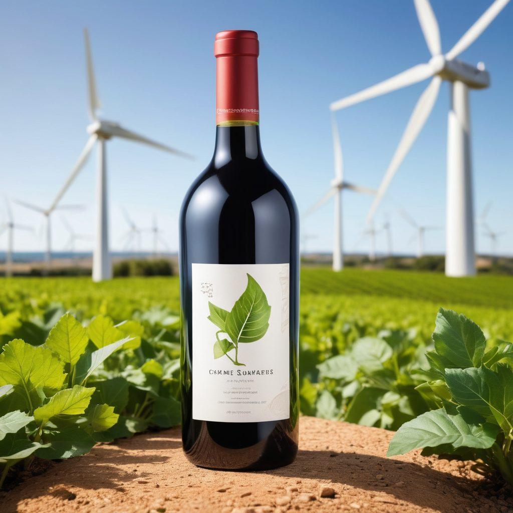 A modern, sleek wine bottle designed with eco-friendly materials, surrounded by vibrant green leaves and natural elements. The background features a futuristic winery with solar panels and wind turbines, symbolizing sustainability. The bottle should be elegantly styled, showcasing an innovative cork or closure design, highlighting the concept of chic, sustainable packaging for the future. super-realistic. vibrant colors. white background.