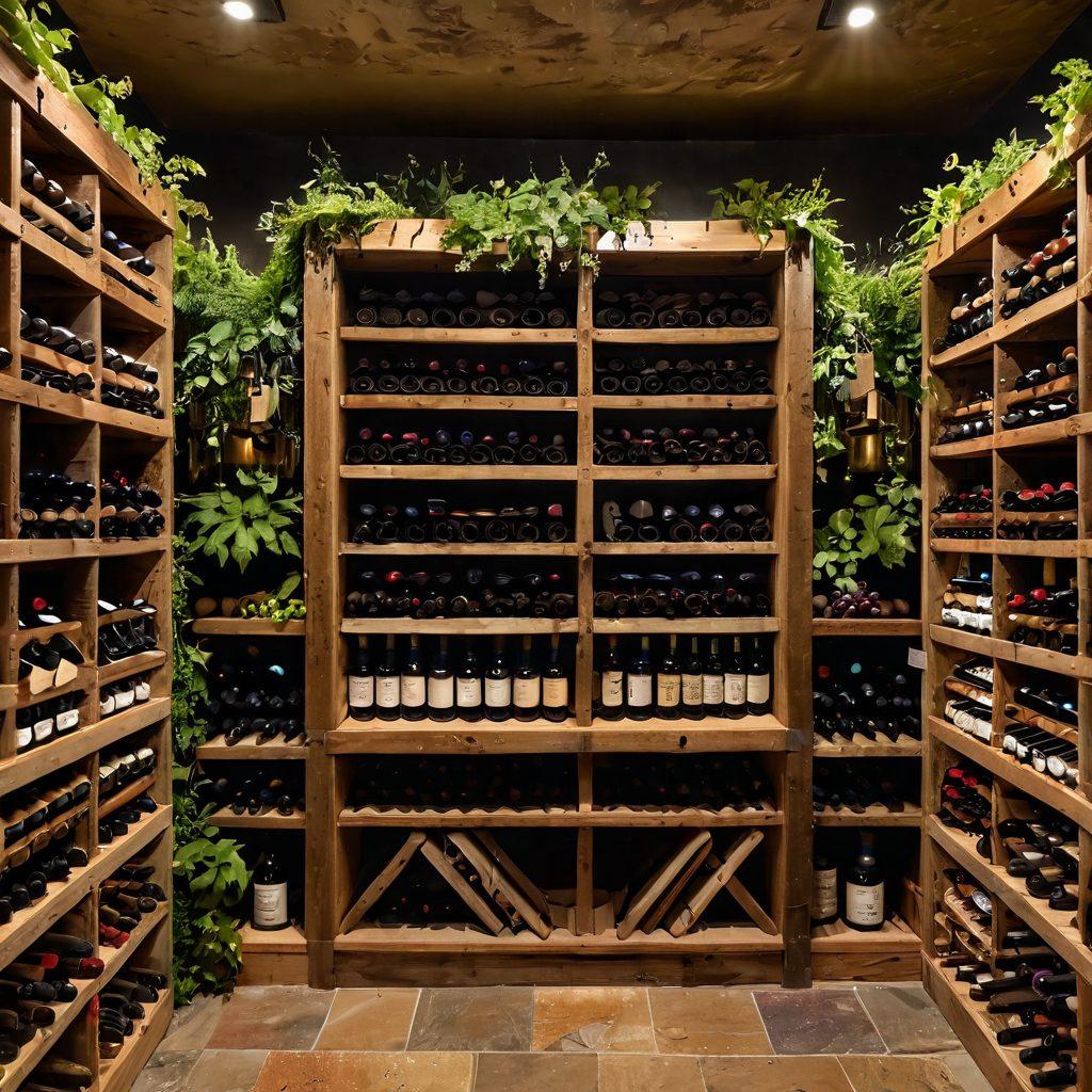 A beautiful rustic wine cellar featuring creatively designed eco-friendly packaging solutions for bottles, surrounded by greenery and natural wood shelves. Include a variety of grapes and wine bottles with sustainable labels, while soft ambient lighting enhances the serene atmosphere. Showcase textures of cork and recycled materials. super-realistic. vibrant colors. warm lighting.