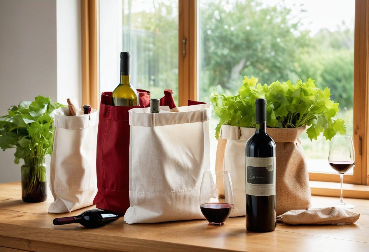 A stylish, modern kitchen scene showcasing a variety of reusable and biodegradable wine preservation bags, elegantly arranged near an open bottle of red wine and a glass. Bright, natural light streams in through a window, enhancing the textures of the bags and the elegance of the wine. In the background, there are green plants and a rustic wooden table, symbolizing sustainability. The overall tone should be fresh and inviting. super-realistic. vibrant colors. white background.